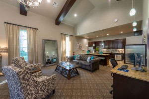 Two Bedroom Apartments for Rent in Conroe, TX - Clubhouse Seating Area & Kitchen View         
